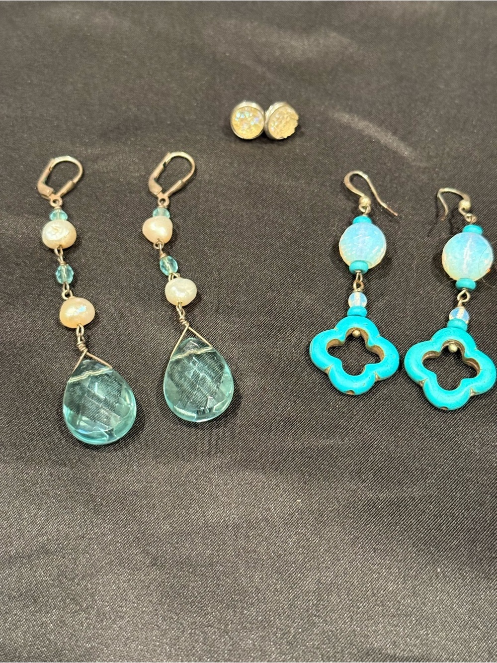 3 Pairs Earrings Druzy Quartz Studs + Blue Topaz Crystal Drops +Turquoise Clover - Picture 6 of 13